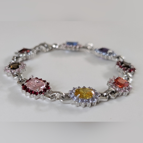 Charles Winston CWE Sterling Silver Rhodium Multi-Gemstone Halo Panel Bracelet 7 - Picture 2 of 8